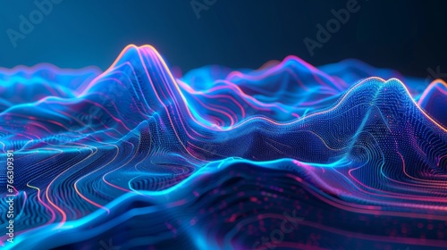 3D Topographic map background concept. Topo contour map. Rendering abstract illustration. Valleys and mountains. Geography concept. Wavy backdrop. Space surface. magic blue neon light curved lines