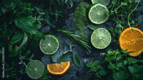 Fresh Herbs and Citrus Fruits on Dark Surface