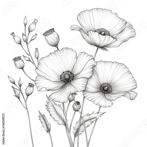 Elegant Pencil-Drawn Poppy Flowers. A work of art.