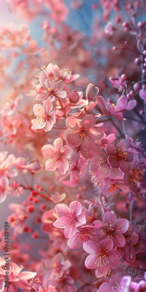 Pink flowers, flowering branches, spring texture, 3d, background image for mobile phone, ios, Android, banner for instagram stories, vertical wallpaper