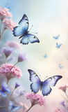 Banner with butterflies and flowers with empty copy space, spring nature background, greeting card,