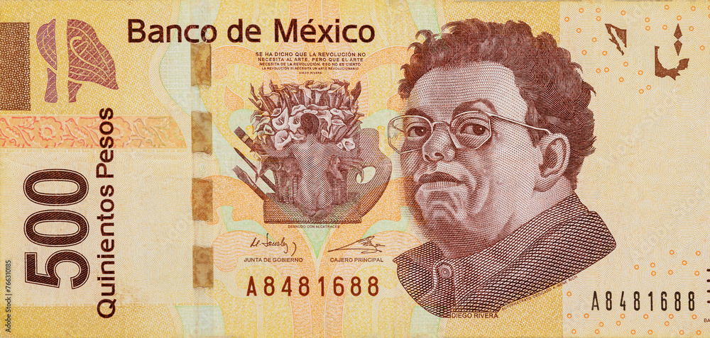 Mexico 500 pesos denominations banknote close up Mexican money bills