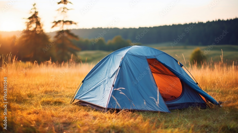 Tent Camping in Scenic Sunset Field