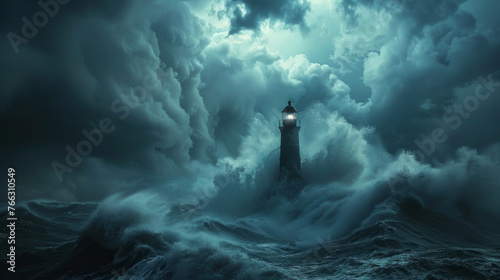 A lighthouse with its light on amidst turbulent sea with towering waves and stormy clouds enveloping the sky.