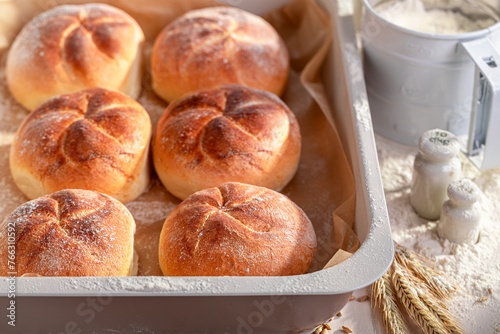 Tasty and homemade kaiser rolls for perfect and healthy breakfast. photo