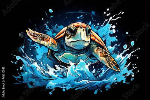 Turtle gracefully swimming in water surrounded by bubbles, showcasing its serene underwater world. For Tshirt design, posters, postcards, other merchandise with marine theme, childrens books.