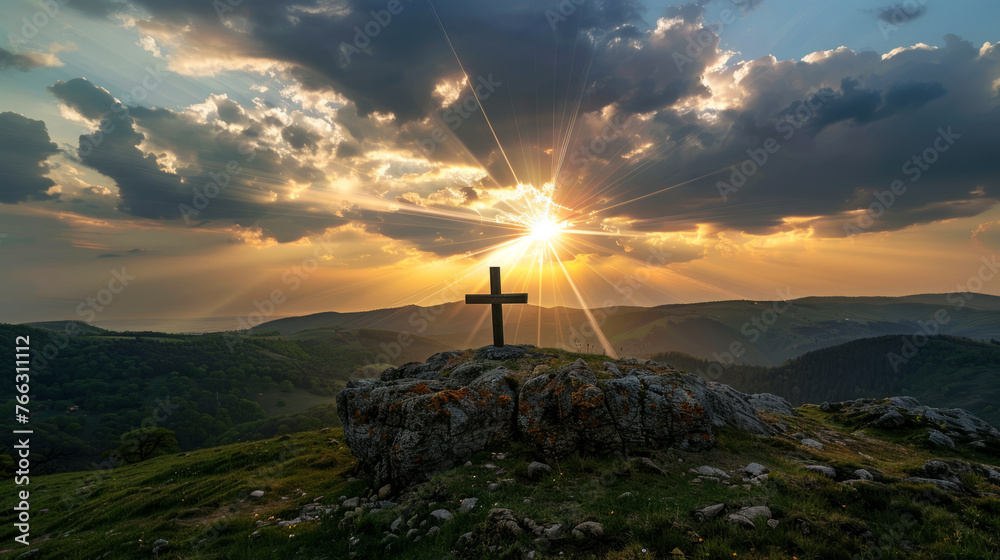 holy saturday cross on top of mountain with evening sky background	
 - obrazy, fototapety, plakaty 