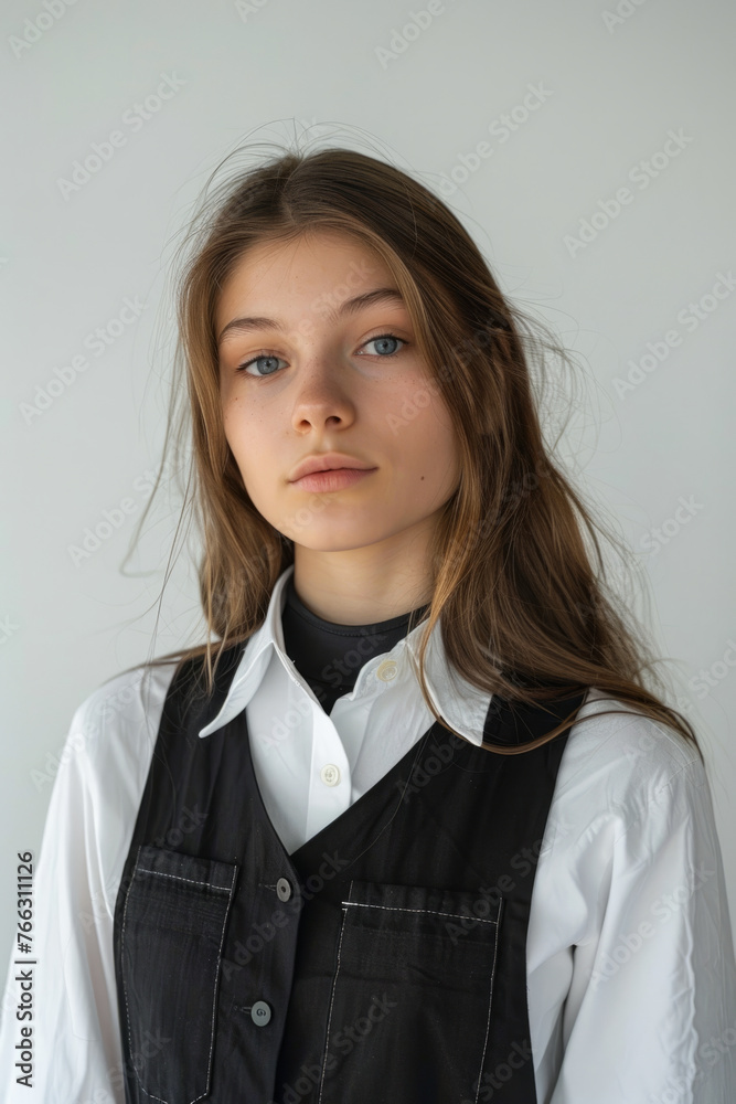Portrait of a young woman with natural makeup, wearing a white shirt layered with a black vest, looking directly at the camera against a light gray background. Portrait of a young woman with natural makeup, wearing a white shirt layered with a black vest, looking directly at the camera against a light gray background.