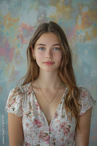 A young woman with long hair and blue eyes is wearing a floral dress. She is posing in front of a textured pastel background, looking directly at the camera with a subtle smile.