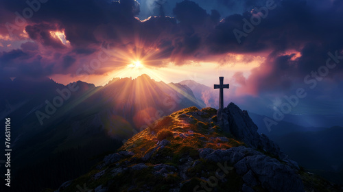 holy saturday cross on top of mountain with evening sky background 
