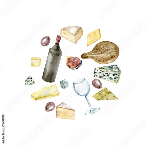 Fototapeta Naklejka Na Ścianę i Meble -  Cheese plate and red wine round banner. Food illustration in frame with brie, cheddar, camembert, white cheese, wooden plate, wine bottle, glass, figs and grapes for product design