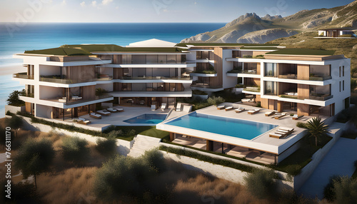 Resort located on a flat beach 50 meters from the sea. The terrain is flat, construction of 1-2-storey residential cottages, villas and landscape design, © Perecciv