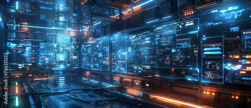 Futuristic server room with advanced technology, glowing lights and data center equipment. Concept of high-speed internet, data processing, and cyber security.