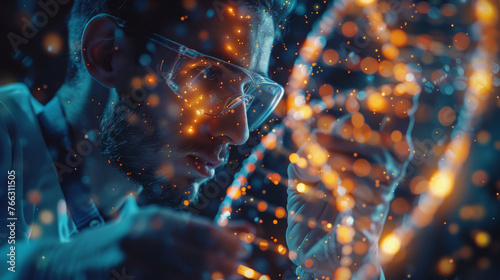 Close-up of a focused man with a beard wearing glasses, surrounded by abstract glowing particles representing data or scientific concepts.