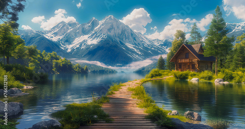 backdrop illustration Peaceful lakeside retreat background image generated by AI