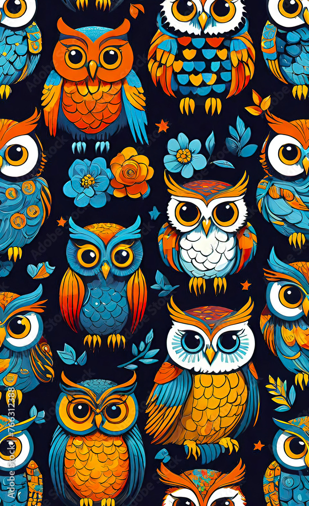 set of web icons of funny little owls, vector illustration, seamless pattern for design and print, smartphone background,