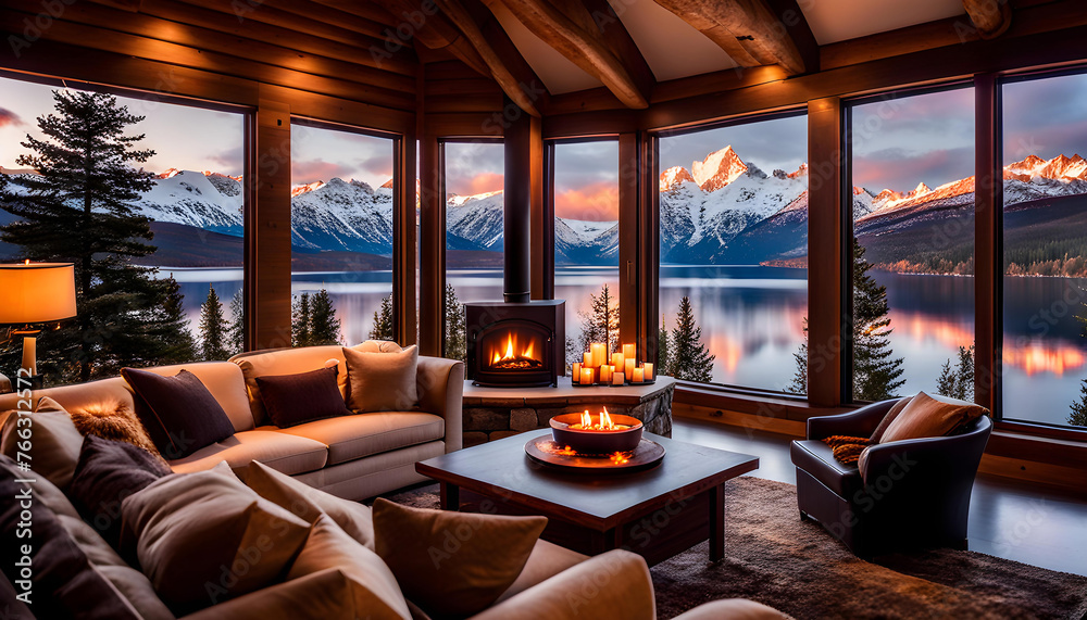 Fototapeta premium cozy interior of the room with a fireplace and sofa, a large window overlooking the snow-capped mountains and lake, a romantic atmosphere for rest and relaxation,