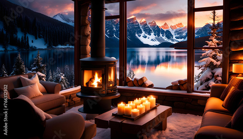 cozy interior of the room with a fireplace and sofa, a large window overlooking the snow-capped mountains and lake, a romantic atmosphere for rest and relaxation, photo