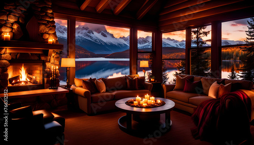 cozy interior of the room with a fireplace and sofa, a large window overlooking the snow-capped mountains and lake, a romantic atmosphere for rest and relaxation, © Perecciv