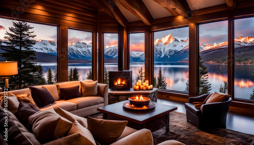 cozy interior of the room with a fireplace and sofa, a large window overlooking the snow-capped mountains and lake, a romantic atmosphere for rest and relaxation,