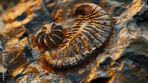 Ancient fossils embedded in rock surface, highlighting the textures and details of the preserved natural history. photo