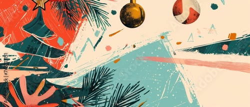 This is a hippie vintage style Christmas card, reminiscent of 70s groovy typographic posters with HoHoHo and Xmas tree balls. Modern illustration created by hand. photo