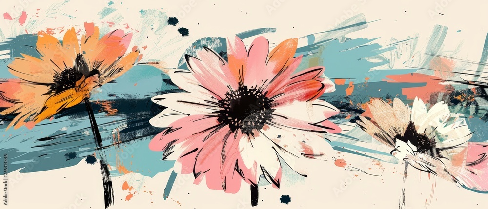 Flowered daisy head with open petals. Black and white line art. Abstract floral background. Gerbera daisy. Sketch element for design.