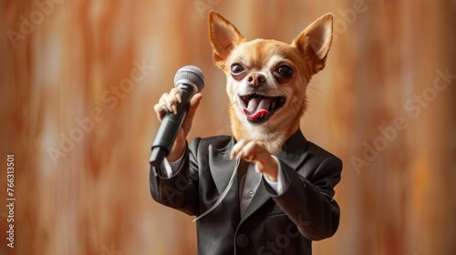 Chihuahua dictator in a suit giving a speech. The concept of politics and dictatorship. 