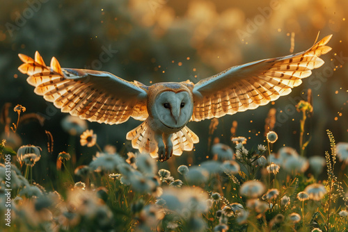 an elegant night owl in a flight , landing in a grassy land with sunset rays adding to its beauty
