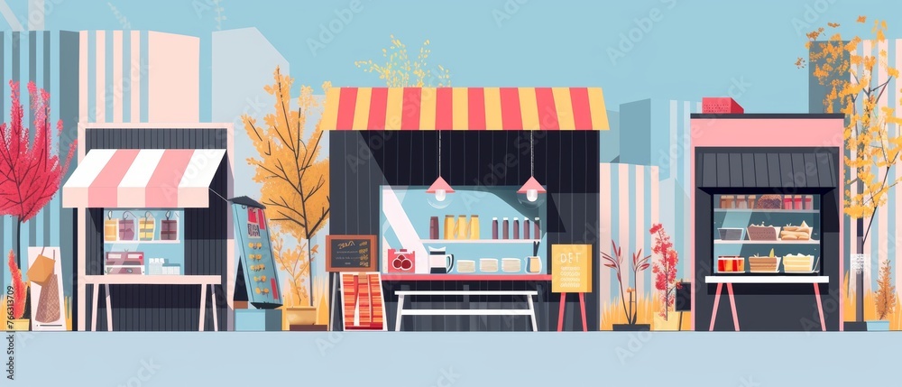 Agricultural Fair Commercial Booths with Ready Meals on Agricultural Fair Backdrop - Flat Modern Illustration with Wooden Stalls and Dining Tables.
