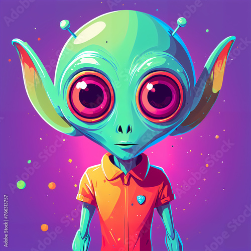 An illustration featuring an alien floating amidst a cosmic landscape adorned with swirling planets and twinkling stars. The alien, in a futuristic spacesuit, possesses big, glossy eyes gleaming 