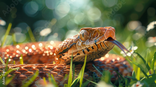 Close-up of a vibrant copperhead snake basking in natural sunlight amidst lush greenery, highlighting its textures and patterns. photo