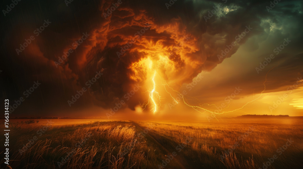 An intense storm with a dramatic swirl of clouds dominates the sky above a serene field, as lightning bolts strike the horizon illuminating the darkened landscape