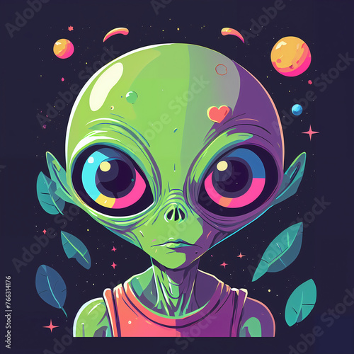 An illustration featuring an alien floating amidst a cosmic landscape adorned with swirling planets and twinkling stars. The alien, in a futuristic spacesuit, possesses big, glossy eyes gleaming 