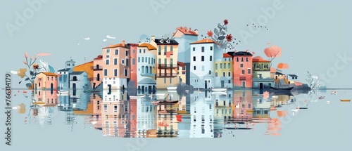 Several colorful apartments are reflected in a mirror surface of the lake. Flat cartoon modern illustration of an autumn city. Three-four-story colorful houses. Street cityscape.