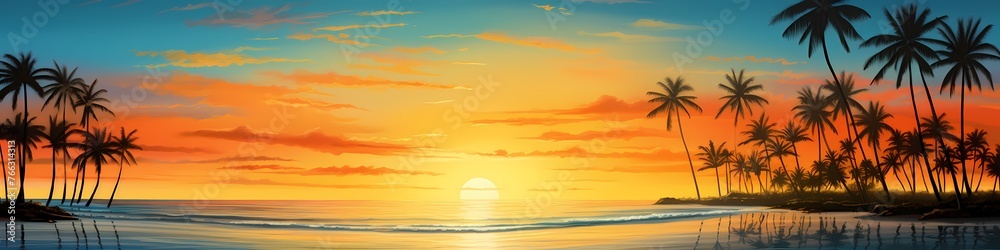 A breathtaking view unfolds as the sun sets over a paradise beach. The golden hues of the sky blend with the turquoise waters, creating a mesmerizing display of colors. Palm trees sway.