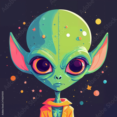 An illustration featuring an alien floating amidst a cosmic landscape adorned with swirling planets and twinkling stars. The alien, in a futuristic spacesuit, possesses big, glossy eyes gleaming 
