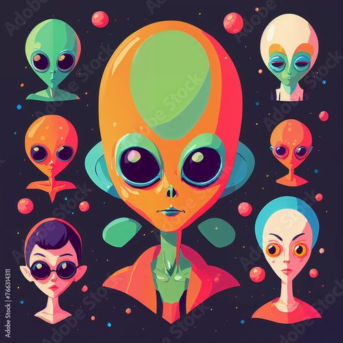 An illustration featuring an alien floating amidst a cosmic landscape adorned with swirling planets and twinkling stars. The alien, in a futuristic spacesuit, possesses big, glossy eyes gleaming 