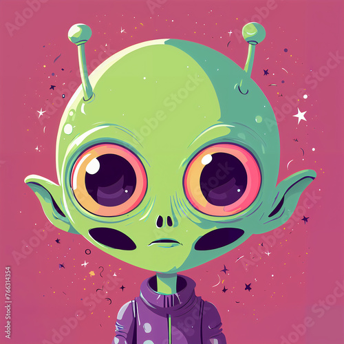 An illustration featuring an alien floating amidst a cosmic landscape adorned with swirling planets and twinkling stars. The alien, in a futuristic spacesuit, possesses big, glossy eyes gleaming 