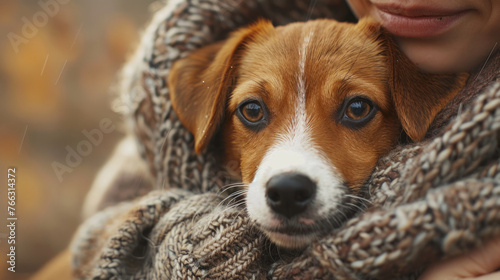 Close-up of a brown and white dog peeking out from a cozy knitted scarf held by an unrecognizable person, with a soft focus background suggesting an autumnal setting. © ChubbyCat