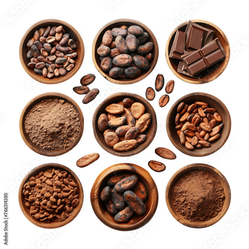 Chocolate ingredients in wooden bowls, cocoa beans, chocolate mass, cocoa powder, chocolate bars