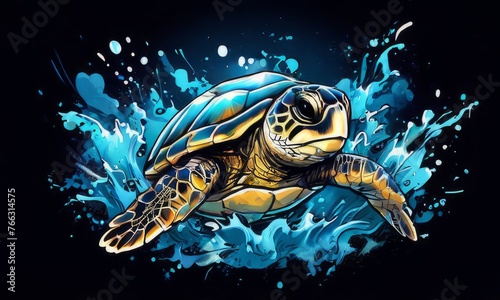 Turtle moves gracefully through water, its movements fluid, effortless. For fashion, clothing design, animal themed clothing advertising, as illustration for interesting clothing style, Tshirt design. photo