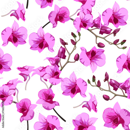 Beautiful purple orchid flowers (Dendrobium) seamless pattern background. vector illustration.