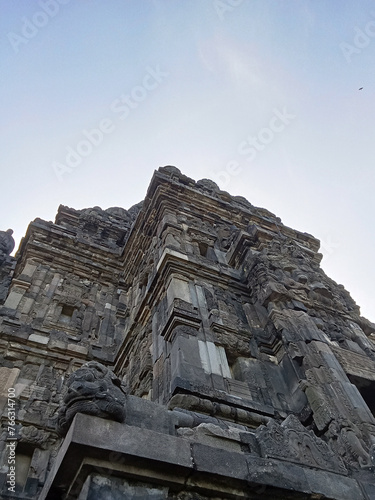 Prambanan temple with bright blue clouds