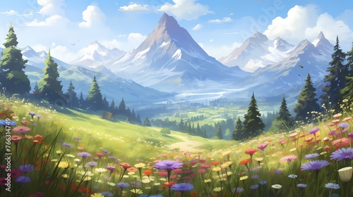 A secluded mountain meadow surrounded by a sea of wildflowers, with the Alps looming in the background, creating a tranquil and idyllic spring setting