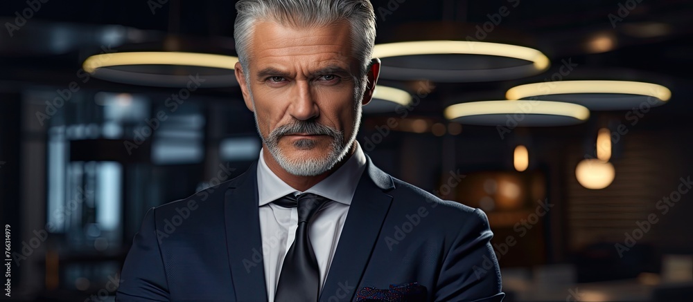 Fototapeta premium A close-up portrait of a gentleman dressed in a complete business suit, including a tie and jacket