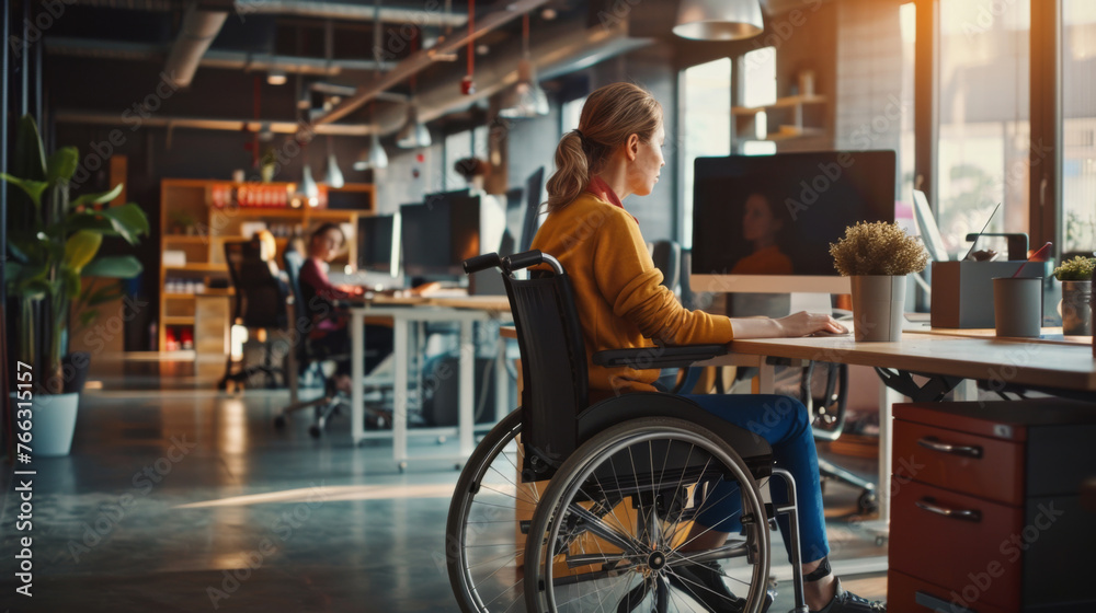 Woman in a wheelchair working in office - obrazy, fototapety, plakaty 