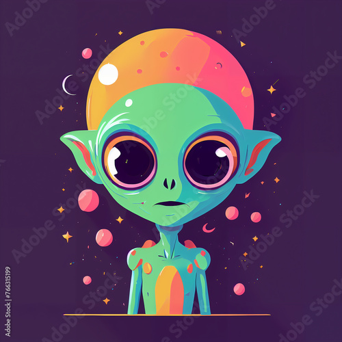 An illustration featuring an alien floating amidst a cosmic landscape adorned with swirling planets and twinkling stars. The alien, in a futuristic