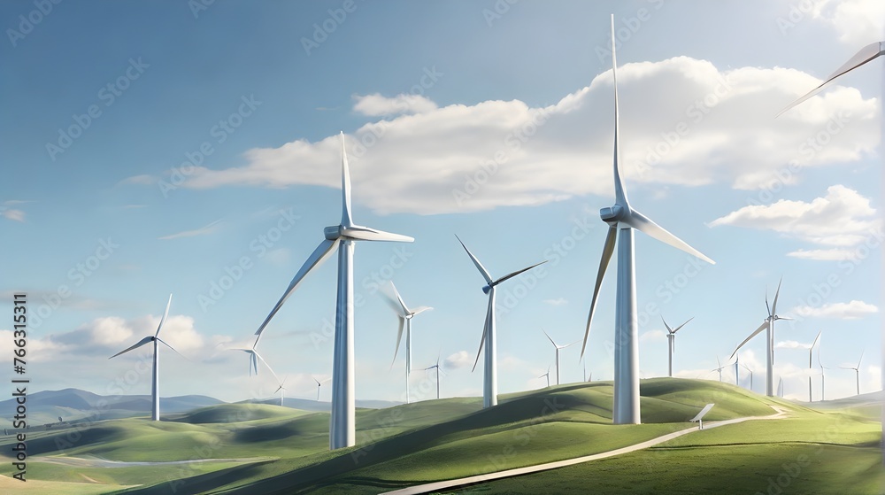 Zephyr Vista: Pioneering Sustainable Horizons - A Futuristic 3D Exploration of Aerodynamic Wind Farms in Rolling Hills