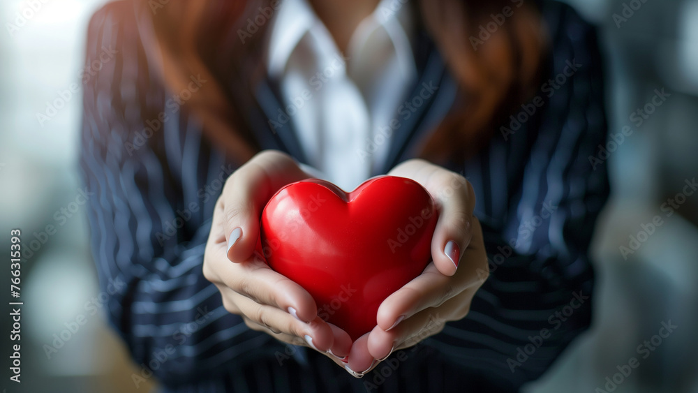 Businesswoman holding red heart in her hands, valentines day concept Businesswoman holding red heart in her hands, valentines day concept